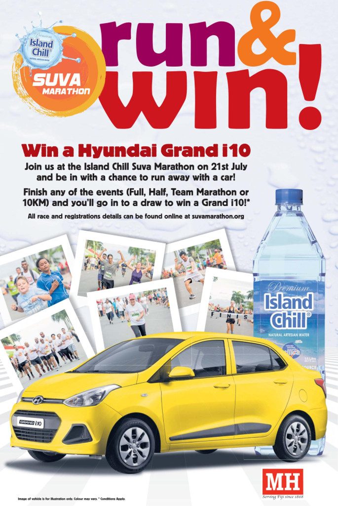 A brand new Hyundai Grand i10 can be won by one lucky finisher at the 2018 Island Chill Suva Marathon on July 21.